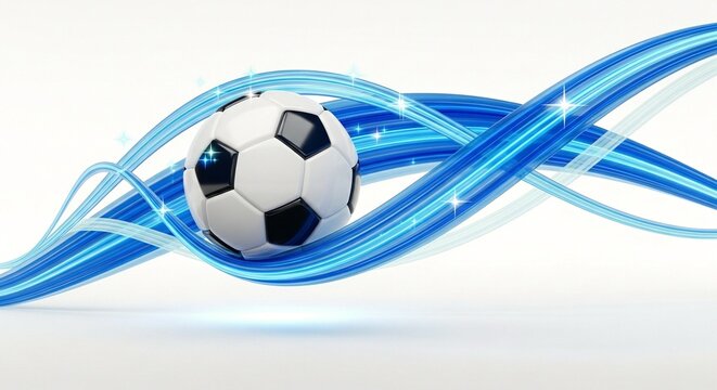A soccer ball surrounded by dynamic blue swirling lights on a white background