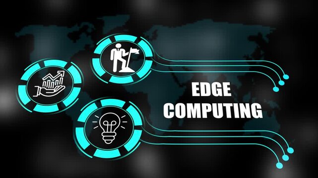 edge computing concept with icons of business, responsibility, customers, integrity, goals, teamwork, commitment and innovation. 4k animation.