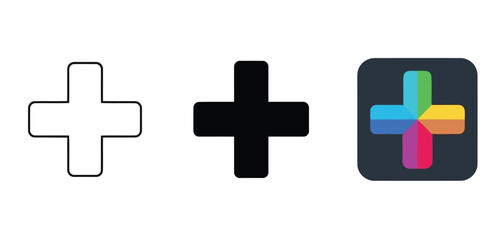 Fototapeta premium Three Different Plus Sign Designs Showing Variations in Style and Color