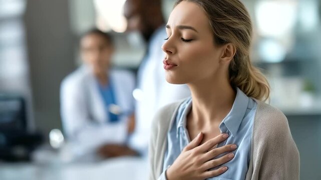 Close-up of woman experiencing chest pain, heart attack or cardiac arrest scenario, medical staff providing assistance, emergency care scene, faceless patient in distress,