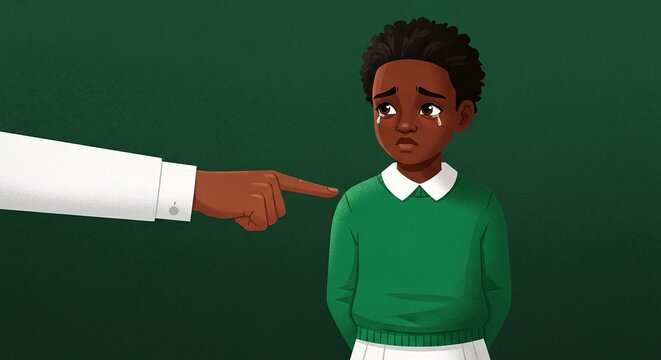 A young boy looking worried while being pointed at by an adult in front of a green background