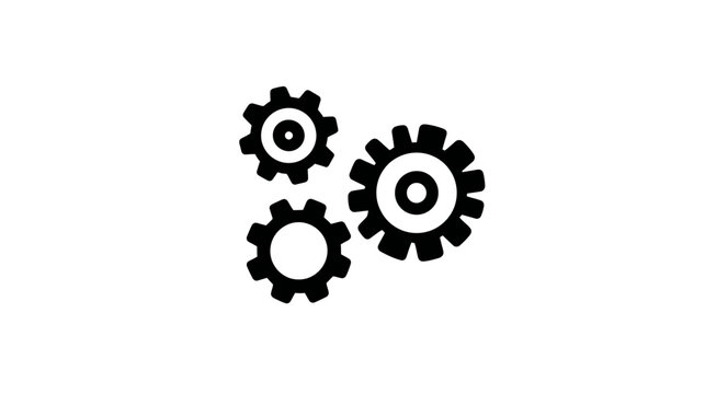 A minimalist illustration of three interlocking gears, rendered in solid black against a white backdrop