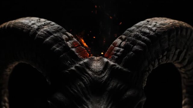 Burning horns of a ram glowing intensly in the darkness. Charred goat antlers with sparks and fire embers emitting heat. Fantasy creature design and dark art.