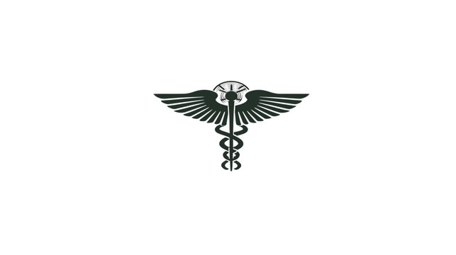 A medical symbol comprised of winged staff with a snake wrapping around it