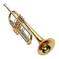 Obraz premium Golden trumpet instrument for music performance and jazz band, isolated on white background