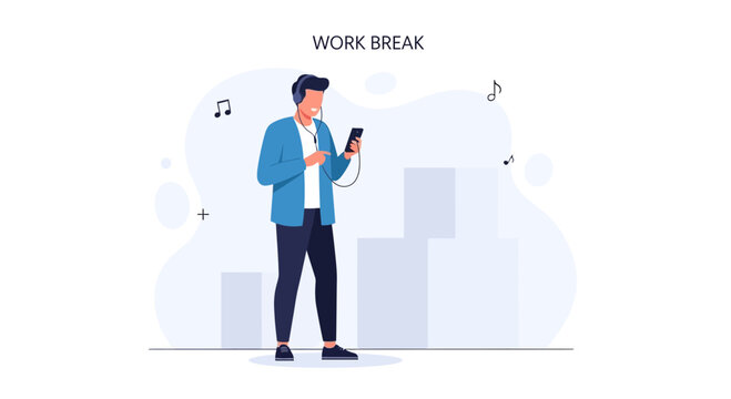 Man on Work Break Listening to Music on Phone with Headphones