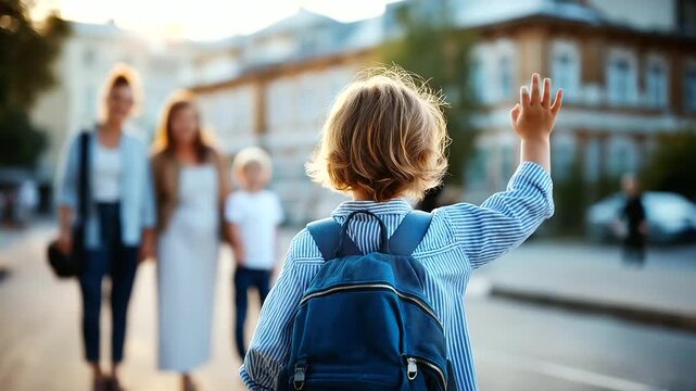 Happy student waving goodbye to family on way to school, backpack on shoulders, cheerful departure moment, family farewell scene, faceless child waving, defocused family