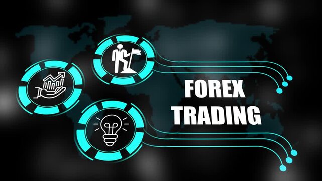 Fores trading concept with icons of business, responsibility, customers, integrity, goals, teamwork, commitment and innovation. 4k animation.