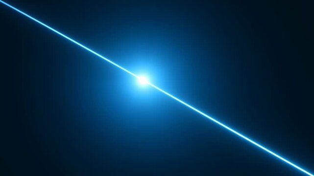 A vivid blue laser beam intersects the image at a sharp angle against black background