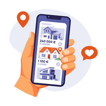 Recherche de bien immobilier sur application mobile, main tenant un smartphone avec annonce de maison