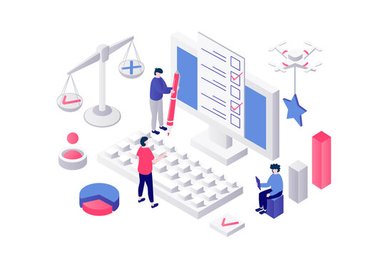 Online survey 3d isometric concept in geometry graphic design for web. People answering in digital questionnaire form, filling checkbox document, marking in test or exam page. Illustration.