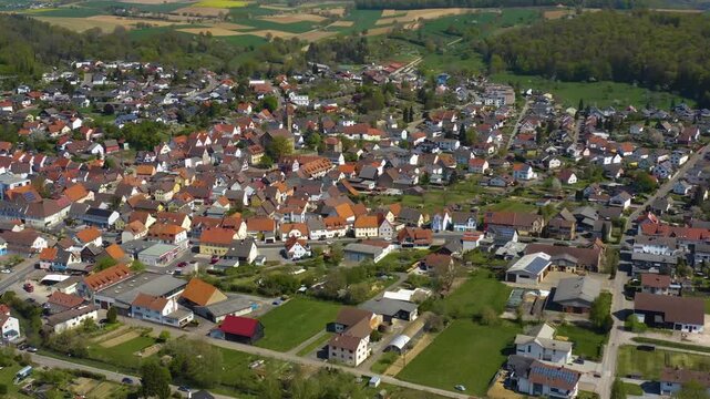Panorama Aerial view of the city Hoffenheim in Germany on a sunny spring day 