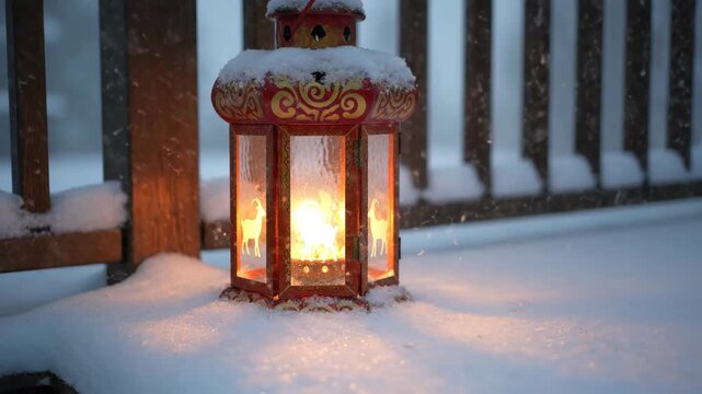 Decorative lantern with glowing light sitting on snow covered deck during winter. Ornamental lamp providing warmth amidst falling snowflakes and cold evening.