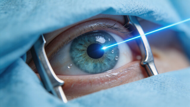Extreme macro photography of a human eye undergoing a laser vision correction procedure. The precise blue laser beam is actively targeting the cornea during surgery.