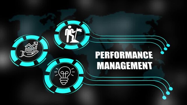 performance management with icons of business, responsibility, customers, integrity, goals, teamwork, commitment and innovation. 4k animation.