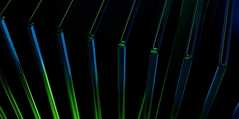 Cyber elements made of transparent glass and liquid acrylic purple blue glow on black backdrop cinematic tech background design cover art visuals 3d rendering © IM_VISUALS
