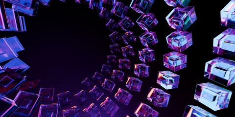 Cyber elements made of transparent glass and liquid acrylic purple blue glow on black backdrop cinematic tech background design cover art visuals 3d rendering © IM_VISUALS