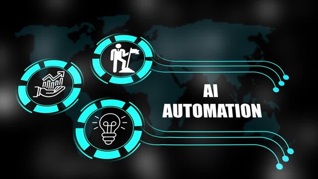 ai automation concept with icons of business, responsibility, customers, integrity, goals, teamwork, commitment and innovation. 4k animation.