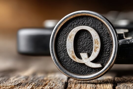 Close-up of a vintage typewriter key with the letter Q, showcasing classic typography and the machine's design elements, revealing the elegance of antique writing tools.