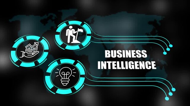 business intelligence concept with icons of business, responsibility, customers, integrity, goals, teamwork, commitment and innovation. 4k animation.