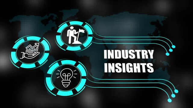 industry insights  concept with icons of business, responsibility, customers, integrity, goals, teamwork, commitment and innovation. 4k animation.