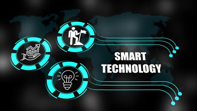 smart technology concept with icons of business, responsibility, customers, integrity, goals, teamwork, commitment and innovation. 4k animation.