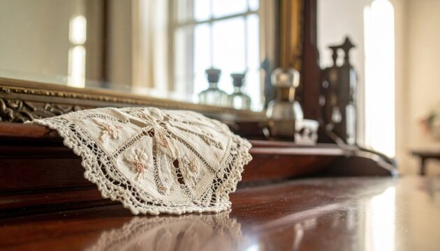 Delicate vintage lace handkerchief with floral embroidery rests on a polished wooden surface near a mirror