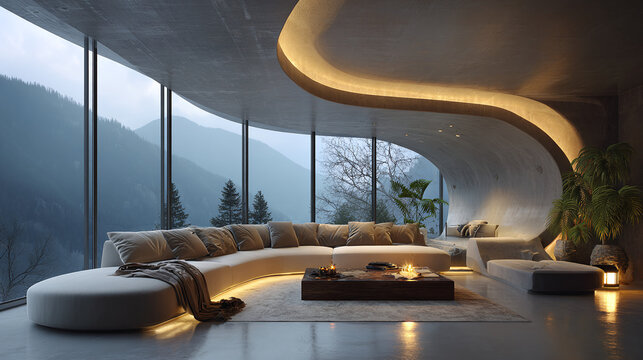 spacious contemporary living room featuring sweeping curved architecture large windows and calming natural light perfect for minimalist home design and lifestyle branding