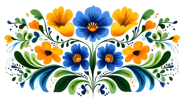 Petrykivka Ukrainian folk art pattern, minimalist botanical floral ornament, floral motifs in blue, yellow and green colors, traditional Slavic decorative design
