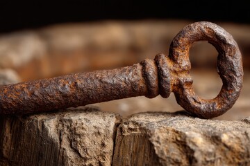 A close-up of a rusted antique key lying on a weathered wooden surface, showcasing its intricate details and textured surface with dark brown and orange tones.
