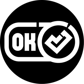 Minimalist ok symbol and check mark integrated into a single circular icon, representing approval, confirmation, success, and completion on a dark background