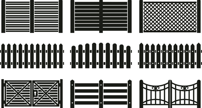 Collection of twelve black fence and gate silhouettes, vector illustration of picket, lattice, slat fences, decorative gates, flat vector illustration