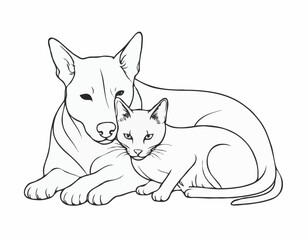 Fototapeta premium Detailed Line Art Composition of a Dog and Cat Nuzzling, Expressing Affection and Friendship, Perfect for Veterinary Clinics.