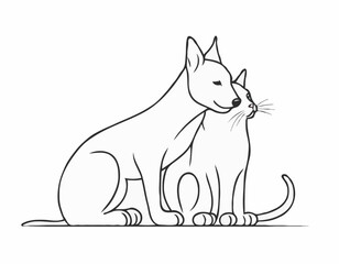 Fototapeta premium Detailed Line Art Composition of a Dog and Cat Nuzzling, Expressing Affection and Friendship, Perfect for Veterinary Clinics.