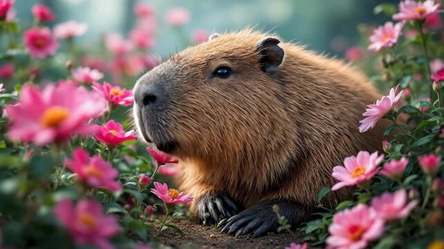 A capybara resting among colorful flowers in a tranquil garden.