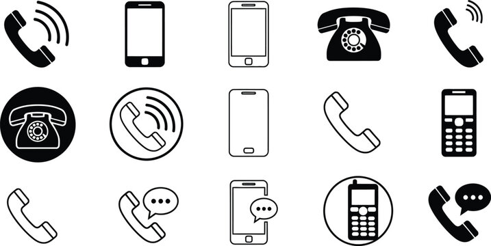 Collection of black and white telephone and smartphone icons mobile communication