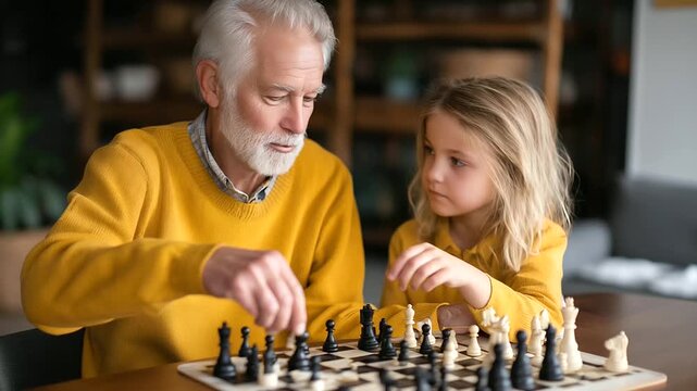 Elderly man in yellow sweater playing chess with young blonde girl in yellow shirt, both engrossed with excitement and concentration, intergenerational game, teaching moment,