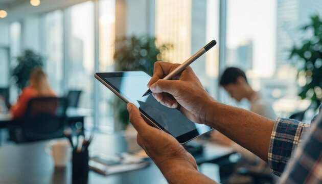 Close medium shot of loan agreement esignature on a tablet inside a modern branch office borrowers hand in sharp focus with office setting softly blurred behind.