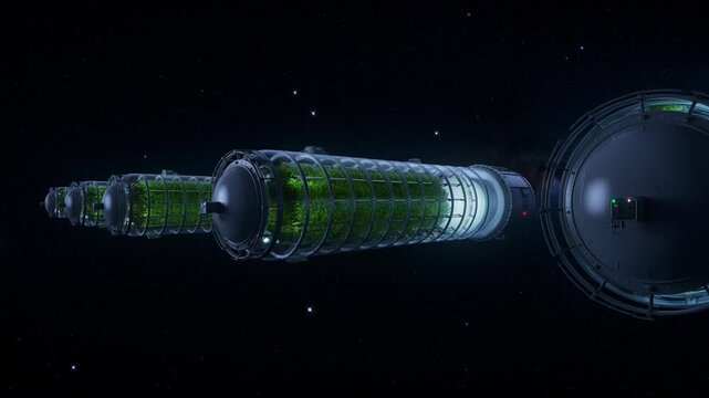 Futuristic space station featuring hydroponic farms in zero gravity for sustainable living
