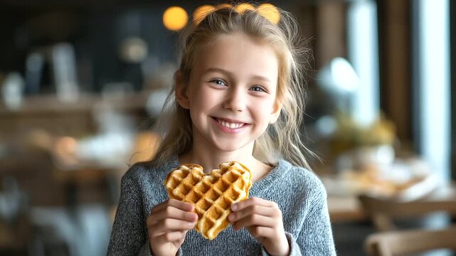 Girl smiling happily holding heart-shaped waffle, children's blog imagery, candy advertisement visual, family leisure article, cooking class scene, sweet treat enjoyment, faceless
