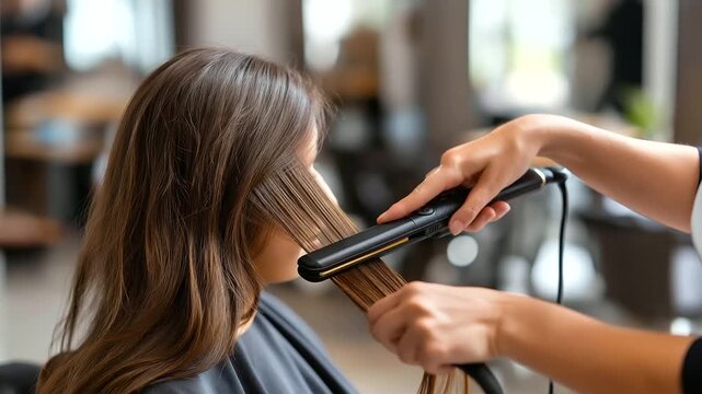 Hairdresser using hair straightener on hair, hair stylist working on woman's hairstyle at salon, flat iron styling service, hair smoothing treatment, faceless hands straightening,