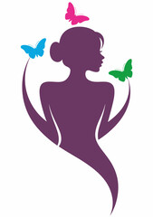 Obraz premium Beauty Woman Logo Vector – Female Silhouette, Butterfly, Spa, Salon, Cosmetic, Fashion Logo Design