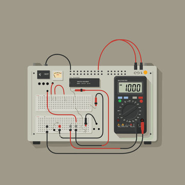 A detailed illustration of an electronic breadboard circuit with a multimeter, demonstrating a science and technology experiment.