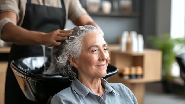 Hairdresser washing senior woman's hair in salon basin, shampoo service moment, hair washing treatment, elderly client care, gentle salon service, faceless woman at sink,