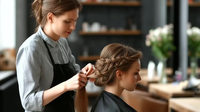 Hairdresser working with client in salon closeup, professional beauty service detail, hair treatment moment, close-up styling work, salon service scene, faceless stylist and