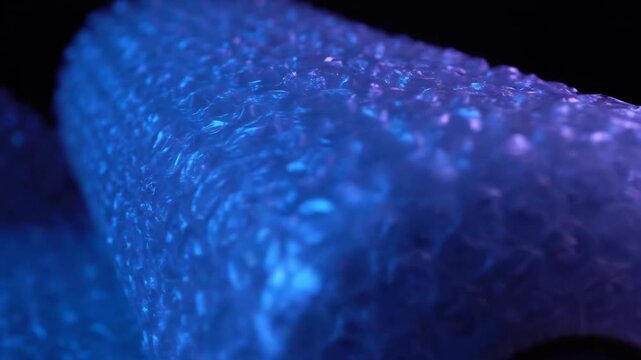 Bubble wrap texture illuminated in blue light. Plastic material for protective packaging. Close-up of resilient surface with air pockets for shipping supply.