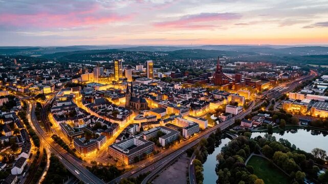 aerial view of essen city in german at morning sunset