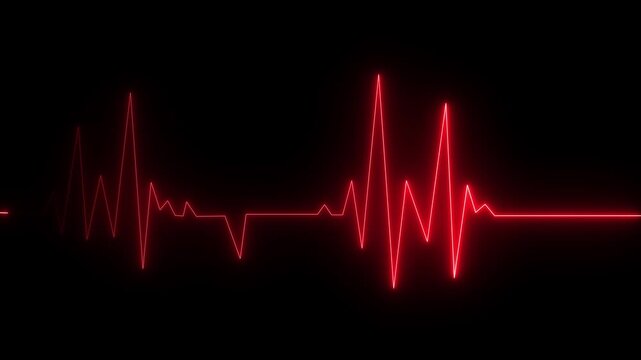 Glowing Neon heartbeat line animation on black background. Cardiogram, neon heart pulse looping animation. Electrocardiogram shows heart beat lines. 4k video animation