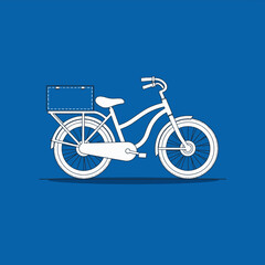Obraz premium Minimalist illustration of a vintage bicycle with a classic design featuring white color on a solid blue background, showcasing details like a carrier and step-through frame.