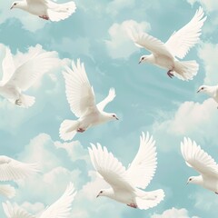 Obraz premium seamless pattern, white doves against soft sky background, light airy aesthetic, realistic minimal